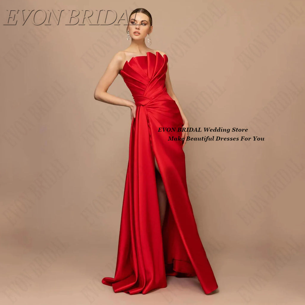 EVON BRIDAL Charming Red Evening Party Gowns Sleeveless Vestidos De Fiesta Fashion High Split Wedding Evening Gown Customized