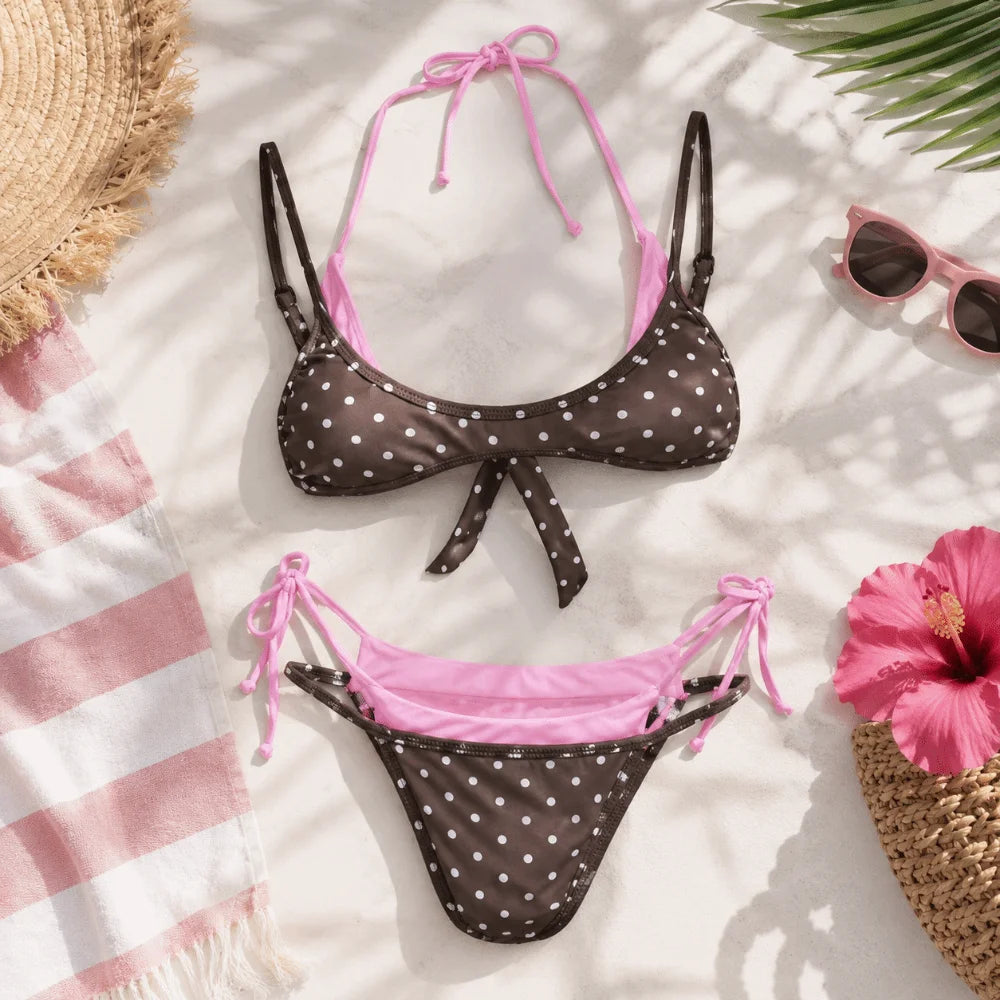 Bathing Suits Polka Dot Halter Bikini Set Low Waist Lace-up Summer Beachwear Deep V Patchwork Women Swimsuits Casual