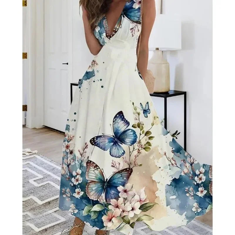 Summer Women Dress Fashion Sexy V-Neck Sleeveless Higt Waist Long Dresses Elegant Office Printing Holiday Party Dress Vestidos