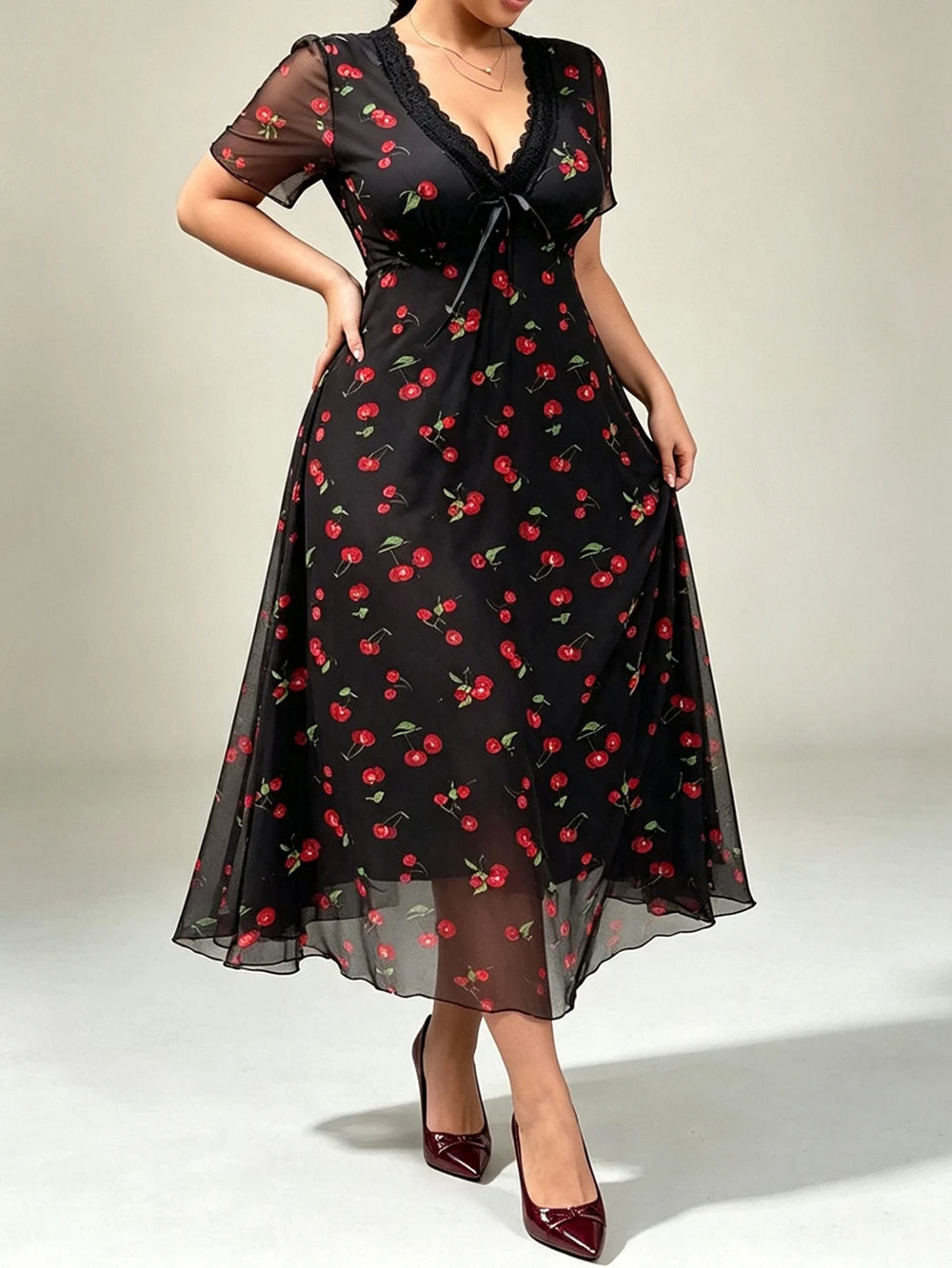 Vestido Midi Elegante De Talla Grande Con Estampado De Cerezas Y Ribete De Encaje, Adecuado Para Ir Al Trabajo