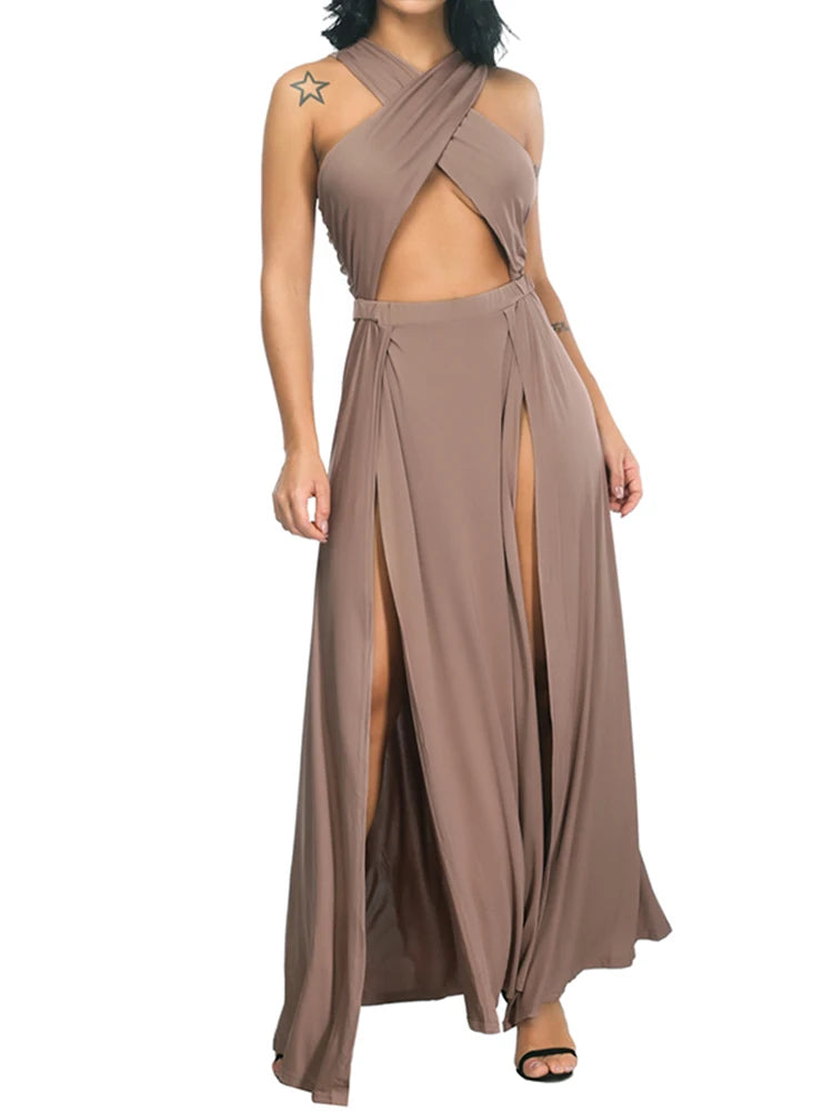 Black Solid Sleeveless Dresses Women Summer Party Bodycon Hollow Out Sexy V Neck Split Maxi Dresses Open Waist Long Vestidos