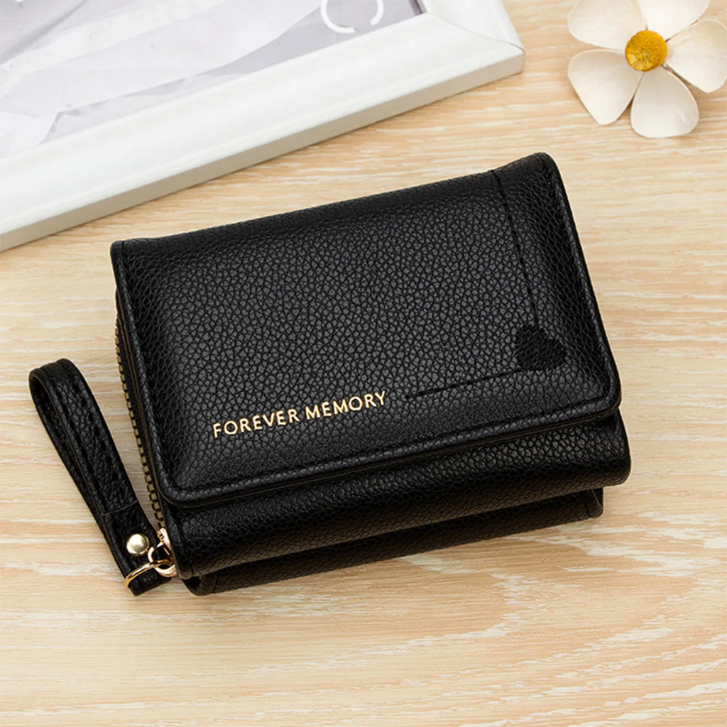 Women Short Tri-fold Wallet with Heart Embroidery Multiple Card Slots Compact Card Holder Lightweight Purse Organizer