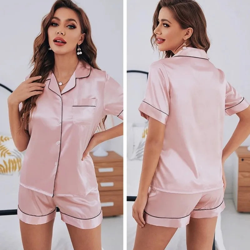 Summer Pijamas Sets Women Sleepwear Silk Satin Button-Down Short Sleeve Tops and Shorts Two-piece Loungewear