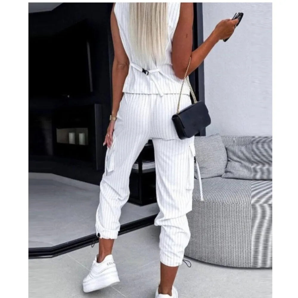Women's Fashion Striped Printed Vest Trousers 2-Piece Set Spring Summer New Casual Sleeveless Vest Pocket Work Pants Female Set