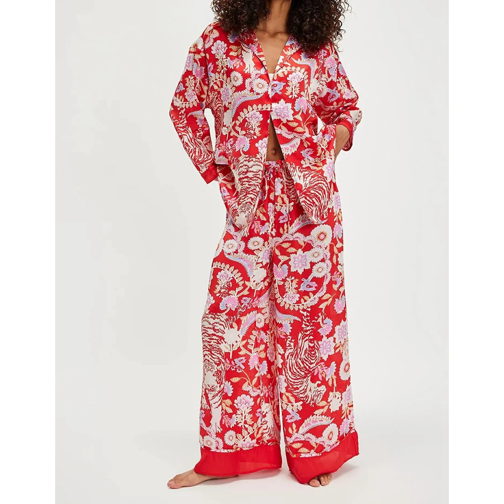 Silk Satin Pajamas Set for Women 2 Piece Floral Loose Pjs Wide Leg Sleep Loungewear Pants with Long Sleeve Button down Shirts