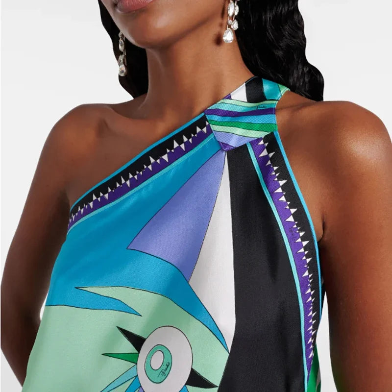 Vestidos Mujer Sexy One-shoulder Straps Dress Woman Spring Print Irregular Satin Dress Summer Skew Collar Vacation Beach Dresses