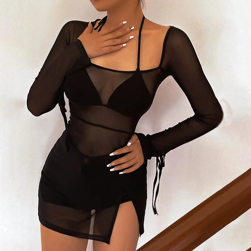 Sexy evening dress hot club set transparent vest for women, long sleeved square collar solid color mini dress for women, Y2k