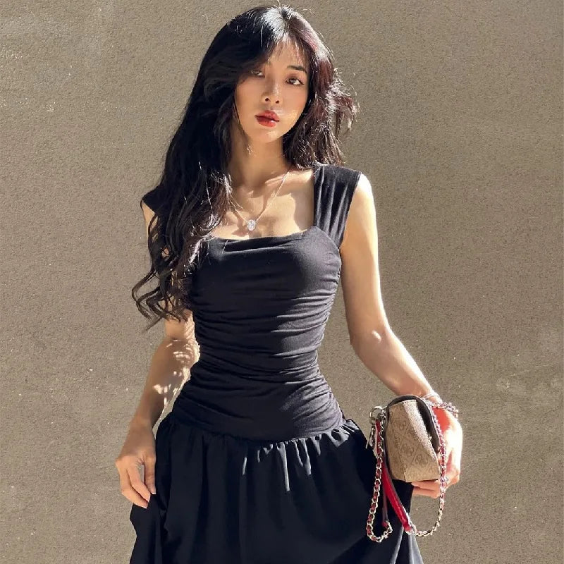 Elegant Slip Long Dresses Sexy Women Ruched Bodycon Solid Maxi Dress Spring Y2K Summer Temperament High-waist Vestidos