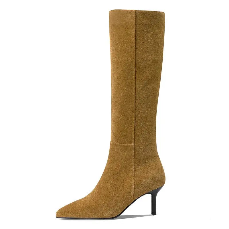 MORAZORA Size 34-42 Cow Suede Leather Stiletto High Heels Handmade Rero Knee High Boots Winter Fashion Casual Botas Ladies Shoes