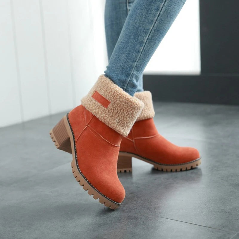 Womens Boots Female Winter Shoes Fur Snow Boots Warm Plush Women's Shoes Square High Heel Ankle Boots Black Botas De Mujer