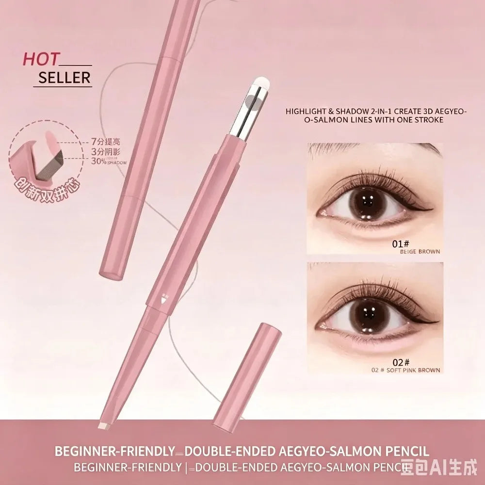 Korean 2 in 1 Ended Lying Silkworm Pen,Bionic Shading Highlighting,Instant Big Eye Effect,Smooth&Smudgeproof&Waterproof,Flat Tip