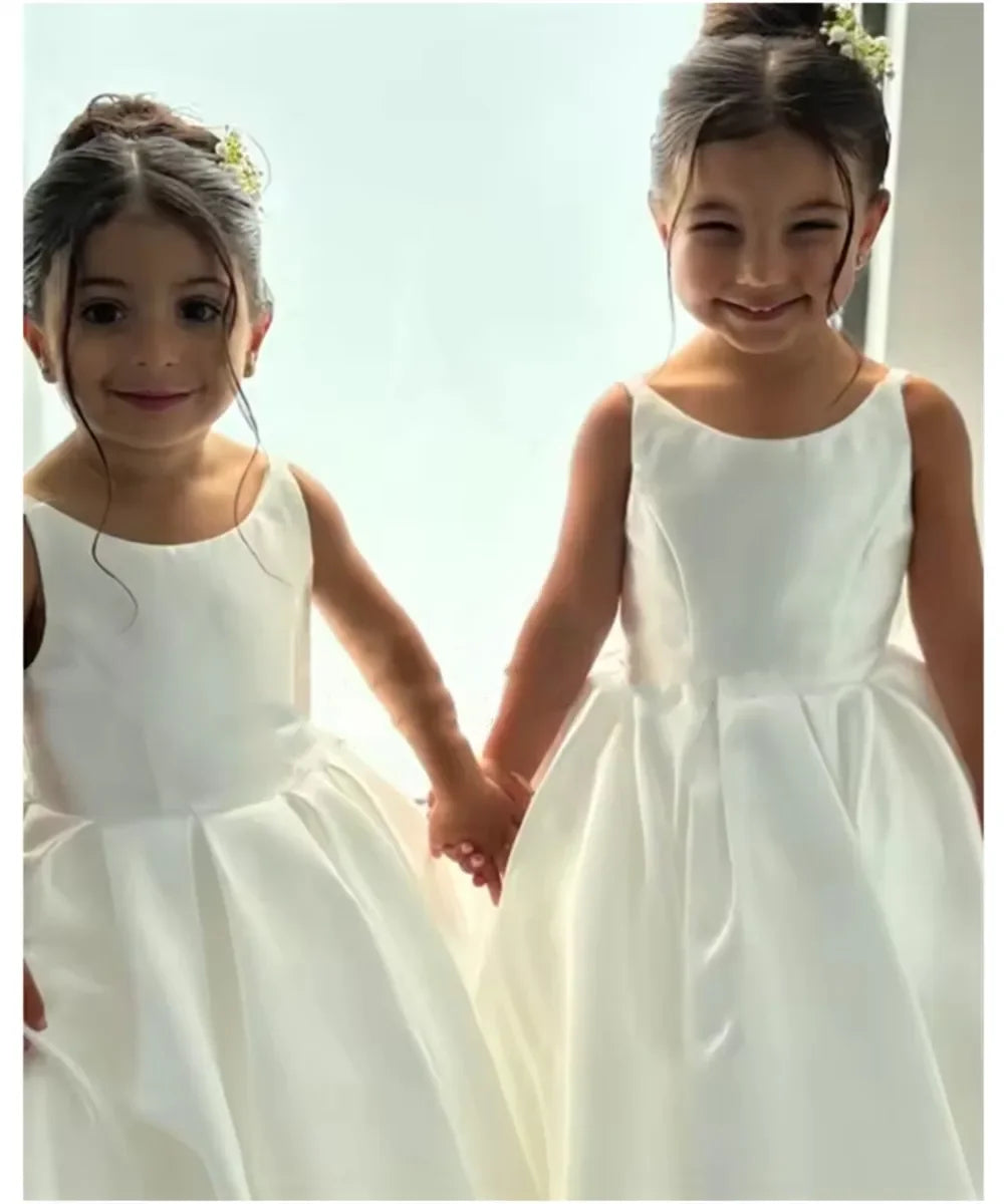 White Flower Girl Dress With Bow Strap Mini Bridal Wedding Dress Kids Ball Gown 1st Communion Frock Vestidos Customized