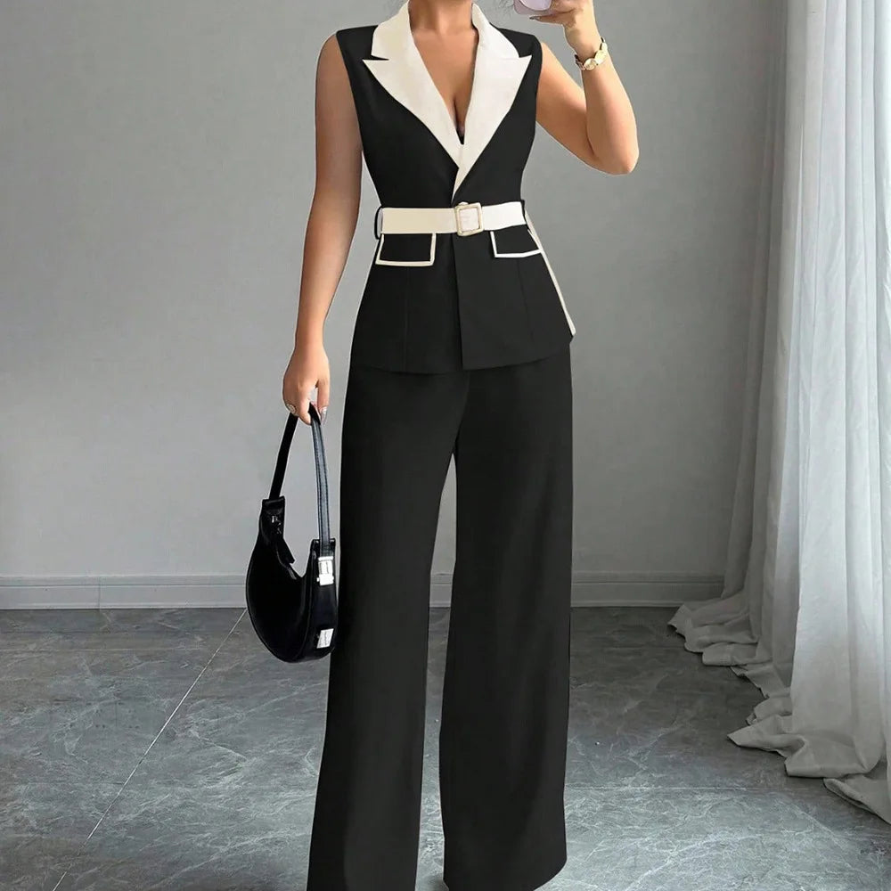 Fashion women's clothing with elegant style, V-neck, waist-revealing, sleeveless top, straight-leg pants. 2-piece set jacket set