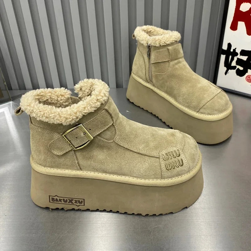 2024 New Fur Platform Women Ankle Boots Flats Suede Warm Shoes Woman Trend Designer Brand Short Plush Cozy Femme Snow Botas