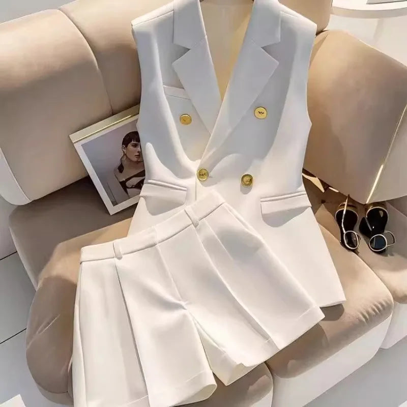 Elegant Office Lady Sleeveless Blazer and Shorts Set with Gold Button White Two Piece Suit Women Summer Business Casual Outfit