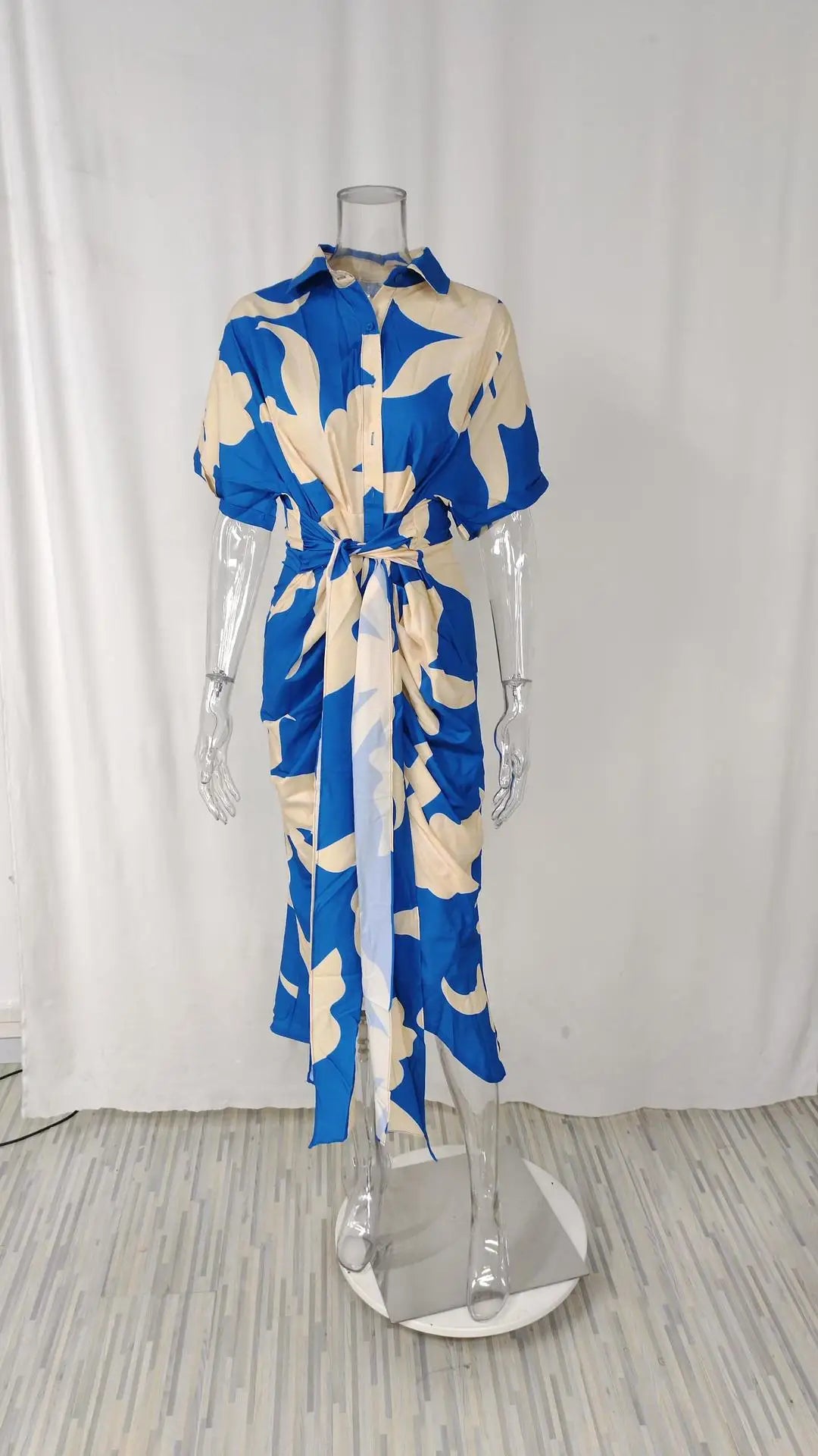 Elegant Dresses For Lady Vestidos 2026 Woman Dress Vestido Commuting Temperament Printed Irregular Leace-up Lapel Slim Contrast