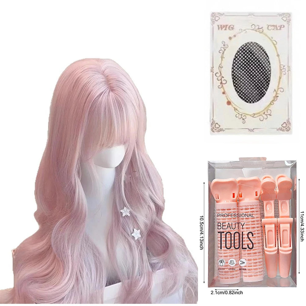 Pink Wavy Synthetic Wig with Bangs Natural Long Curly Hair Cosplay Lolita  Layered Wig for Women Daily Use Wig Heat Resistant