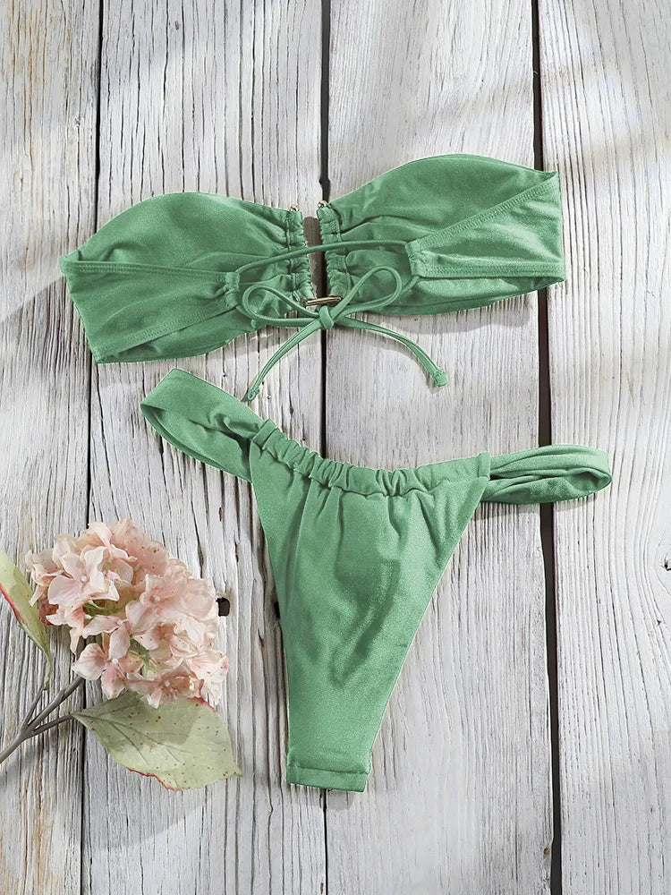 Bandeau Bikini Set Pleated Swimwear Women Solid Color Swimsuit Patchwork Bathing Suit Thongs Biquini Mujer Swimmwear Wear Beach