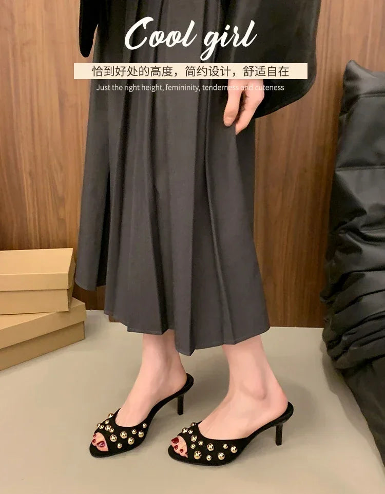 2026 Summer New Women's Shoes Black Velvet Effect Studded Backless One-foot Stiletto Sandals Women's High Heels Zapatos De Mujer