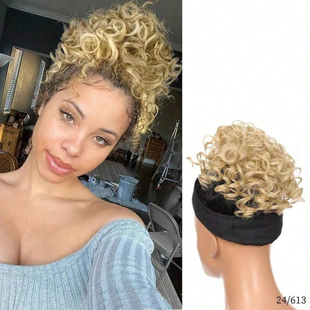 Messy Curly Hair Bun Scrunchies Extensions Synthetic Drawstring Ponytail Light Brown Large Thick Updo Hair Pieces For Women