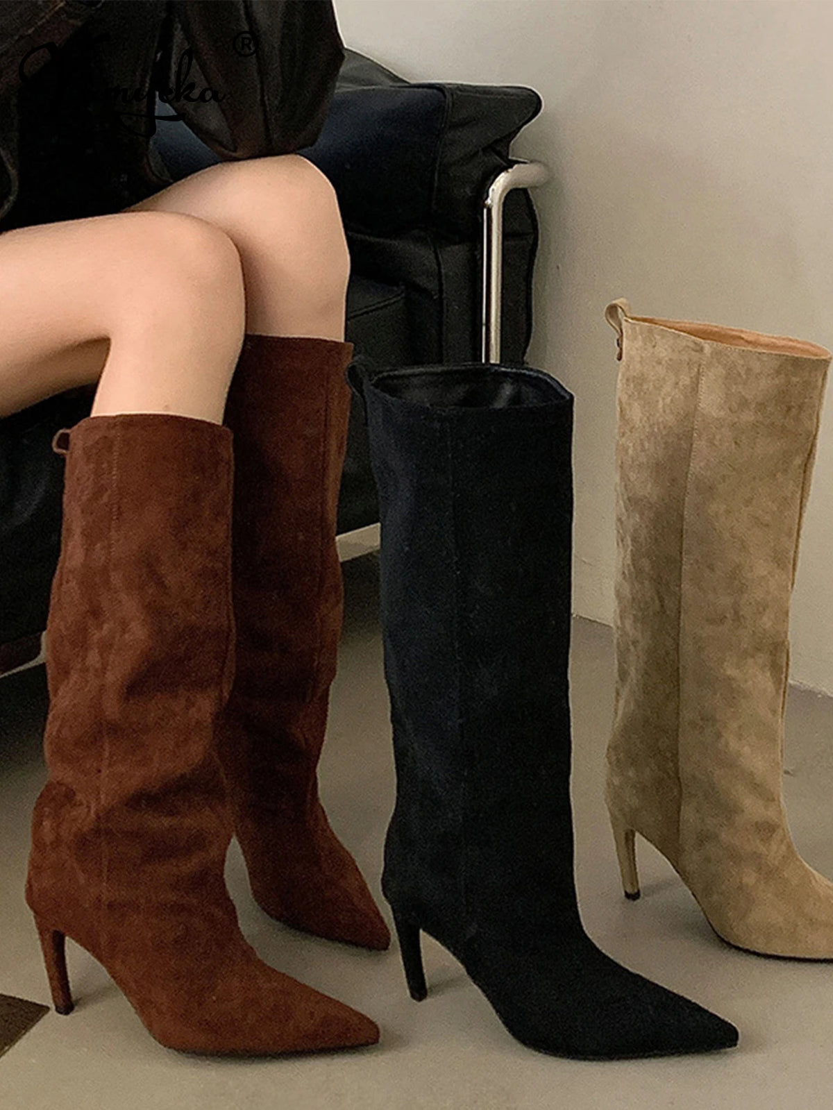 Sexy Pointed Toe High Boots Women Fashion Long Booties Zapatos for Woman Elegant Party Straight High Heel Shoes Winter Footwear