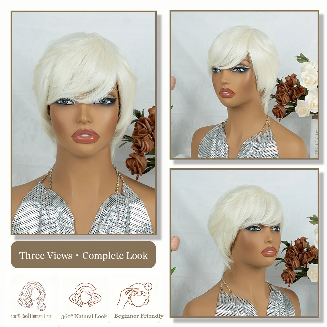 Platinum Blonde Short Pixie Cut Wigs Human Hair Layered Straight Human Hair Wigs with Bangs Soft Hair for Women Machine Made Cap