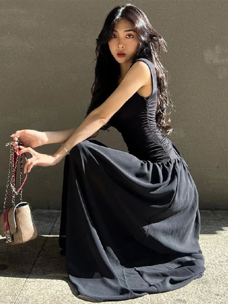 Elegant Slip Long Dresses Sexy Women Ruched Bodycon Solid Maxi Dress Spring Y2K Summer Temperament High-waist Vestidos