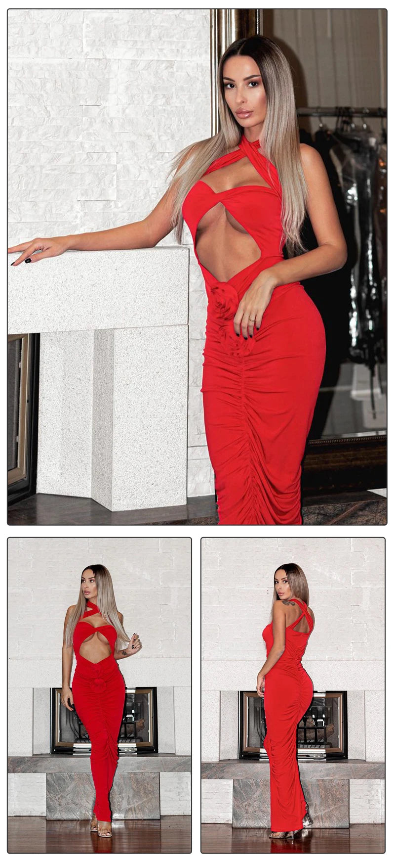 VC Red Dresses For Women Sexy Backless 3D Flowers Design Sleeveless Draped Long Dress Party Evening Vestidos