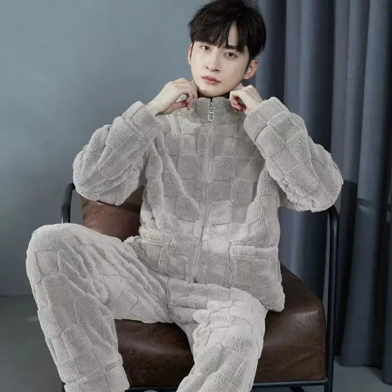 2025 Plaid Pajamas for Men Coral Fleece Sleepwear Sleeping Night Wear Zipper Pijama Two Piece Sets Autumn Winter Warm Home Suit