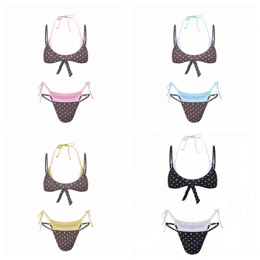 Bathing Suits Polka Dot Halter Bikini Set Low Waist Lace-up Summer Beachwear Deep V Patchwork Women Swimsuits Casual