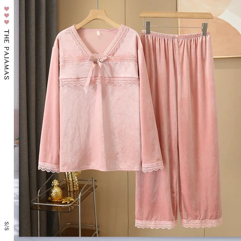 Sexy Velvet 2Pcs PJS Set Female Sleepwear Home Clothes Jacquard Pijamas Suit Autumn Winter New Velour Pyjama Lounge Wear