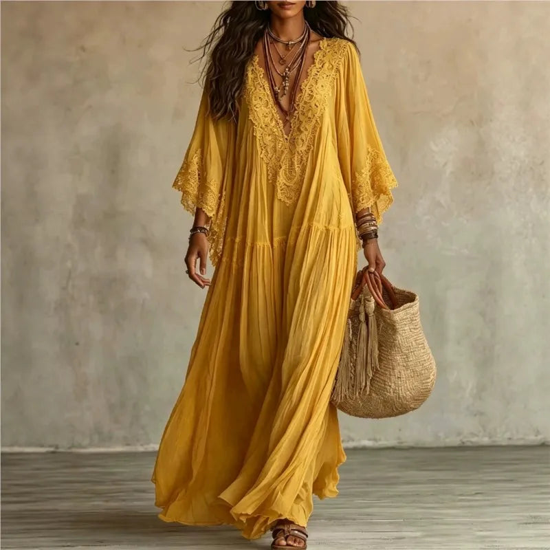 Boho Vintage Women's Summer Dress Lace Trim V Neck Flowy Maxi Dresses Women Flared Sleeve Loose Elegant Holiday Robe Vestidos