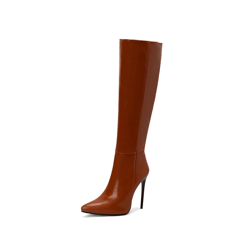 Women Knee High Boot Sexy Pointed Tip High Heeled Boots for Woman Luxury Patent Leather Stretch Boots Designer Shoes Botas Mujer
