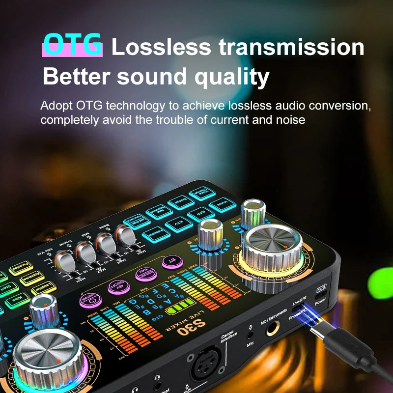 FUHAM S30 Audio Mixer, Live Sound Card with DJ Mixing Effects and Voice-Changing Features, Music Recording Equipment Sound Card