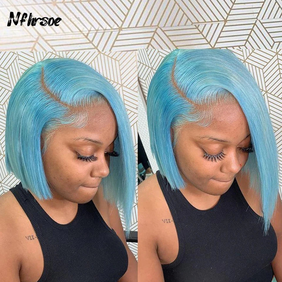 Brazilian Colored Human Hair Wig For Women Light Blue Short Straight Bob Transparent Lace Frontal Wigs For Women Pre Plucked