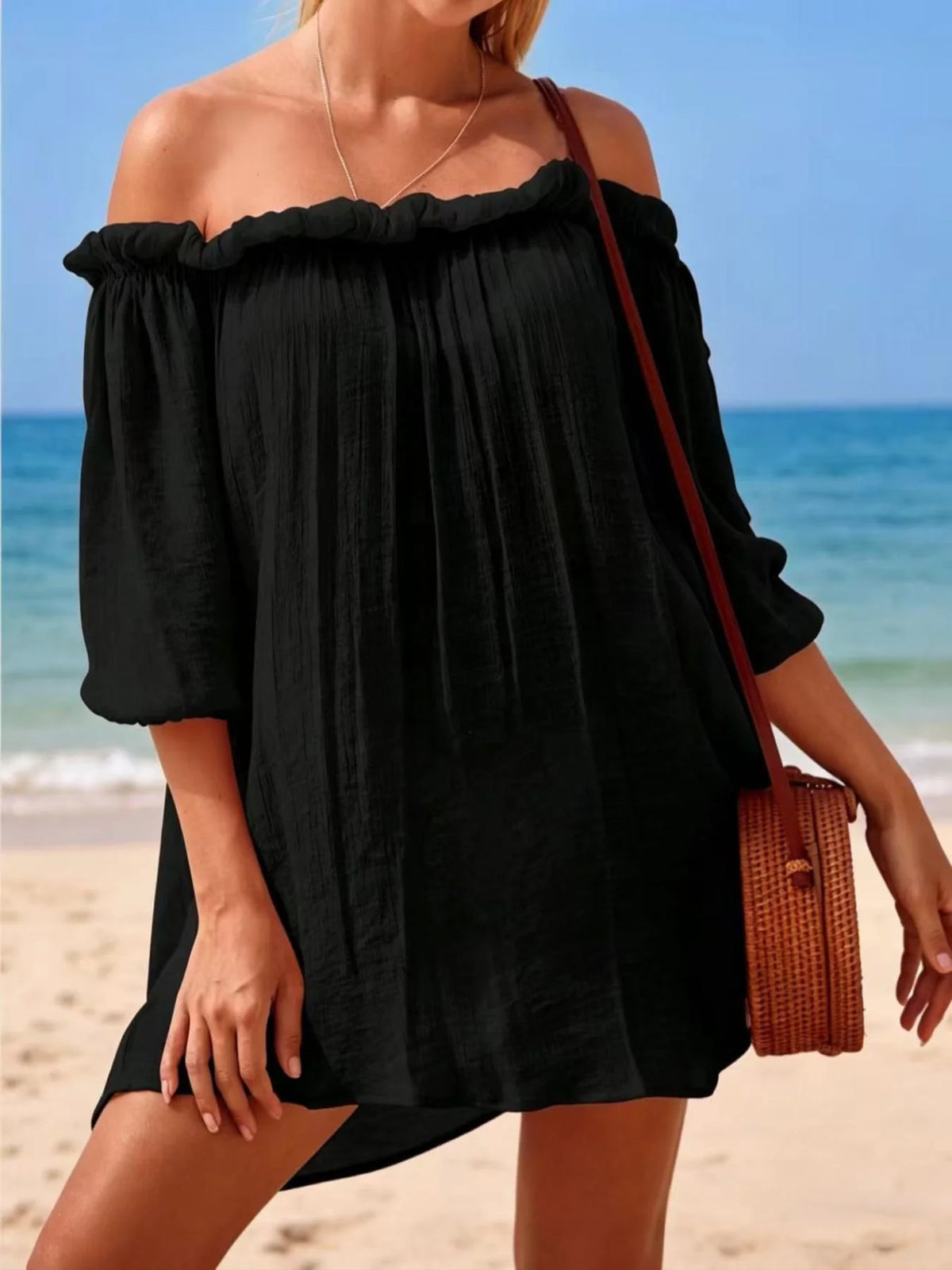 Vacation Style One-Shoulder Short Dress, Fashion Lightweight Sheer Bikini Cover-Up, Casual Plain Beach Clothing for Women