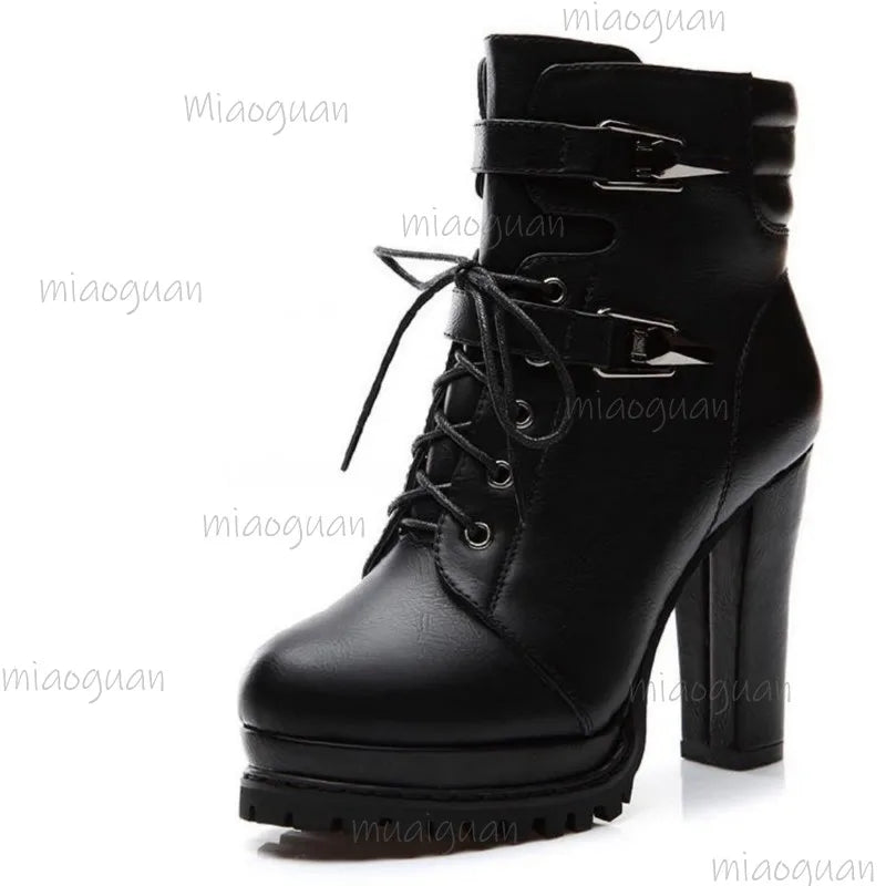 Women's Fashion Super High Heels Ankle Boots Autumn Winter Platform Booties Woman Buckle Decor PU Leather Short Botas Mujer