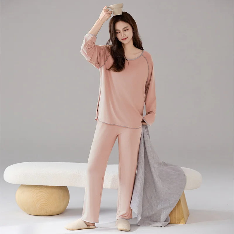 Pijama Mujer Invierno Bra Pad Lounge Sleepwear New Long Sleeve Trousers Sets Soft Modal Pajamas Women Autumn Winter Home Service