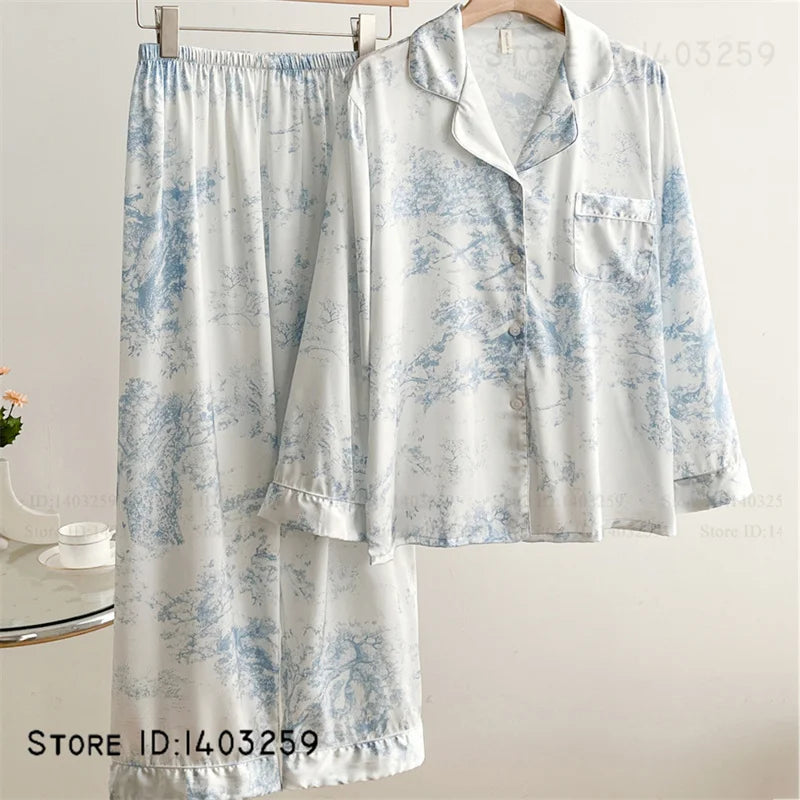 New Women Pijamas Silky Satin 2PCS Pajamas Set Sleepwear Spring Autumn Trouser Lounge Wear Loose Casual Female Homewear Lingerie