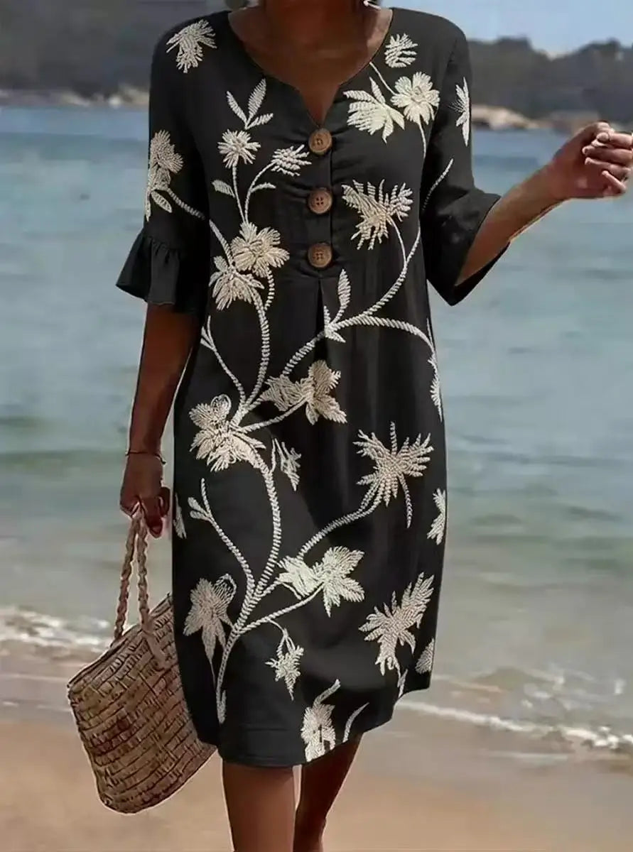 Summer Vintage Printed Dress Women Casual V Neck Half Sleeve Button Design Midi Dresses For Women Loose Beach Holiday Dress Boho