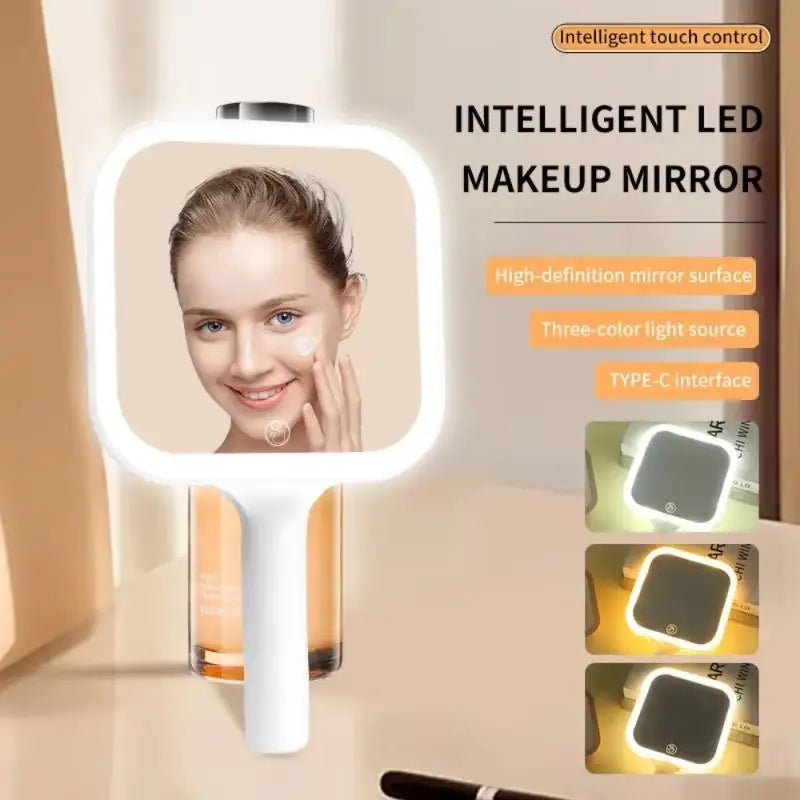 LED Smart Makeup Mirror Hand-held Carry 3 Colors Adjust Bright With Touch Screen Cosmetic Tabletop Vanty Mirror Travel Home Use