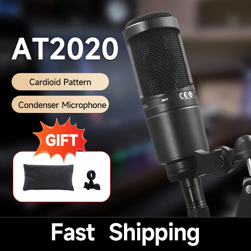 AT2020 Wired XLR Condenser Microphone Podcasting Desk Mic Stand Home Recording Studio For Singing Live Screaming