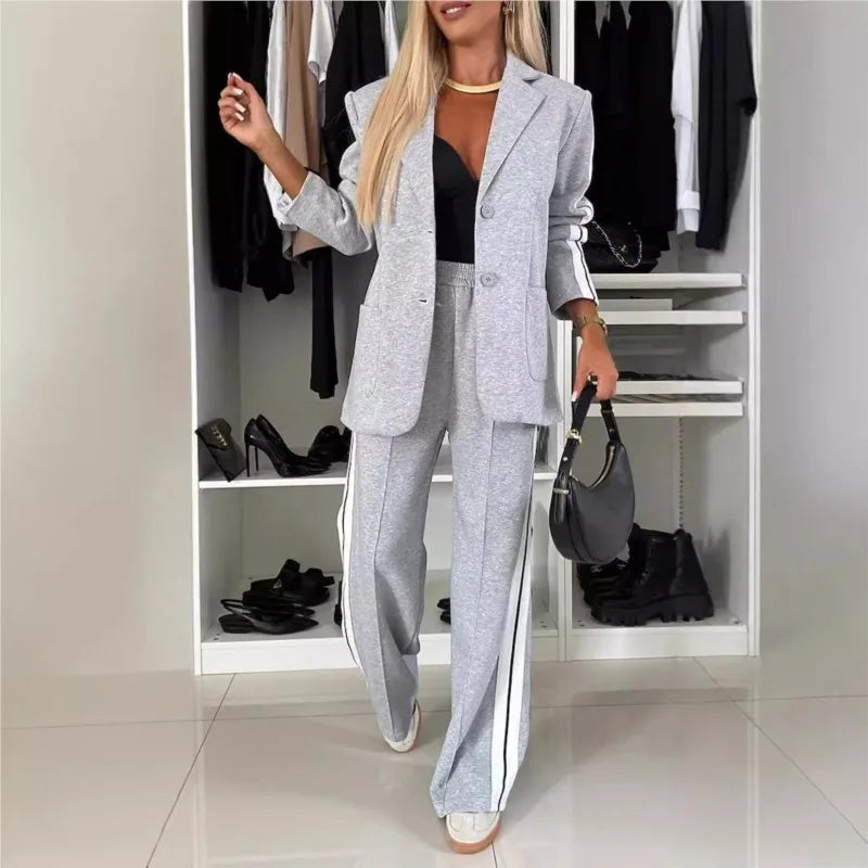 Female Office Blazer 2 Piece Sets Autumn And Winter New Long Sleeves Suit Women's Suit Fashion Pimp Stitching Pants Pocket Suit