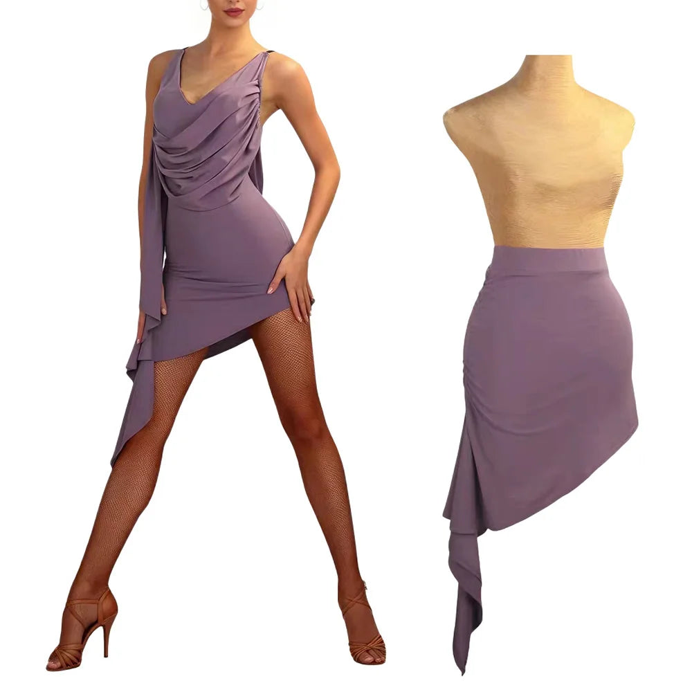 Women's Elegant Latin Dance Dress Draped V-Neck Asymmetrical Hem Ballroom Practice Costume for Rumba Cha Cha Salsa