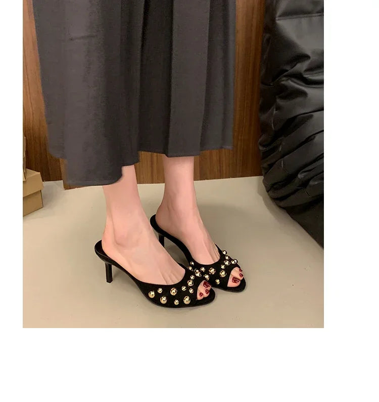 2026 Summer New Women's Shoes Black Velvet Effect Studded Backless One-foot Stiletto Sandals Women's High Heels Zapatos De Mujer