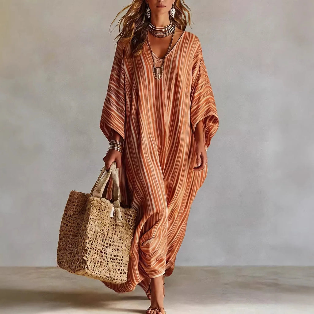 Women Dresses Striped Vestidos Summer New Fashion V Neck quarter sleeves Splice Party Trendy Dress Loose Casual Dresses Female