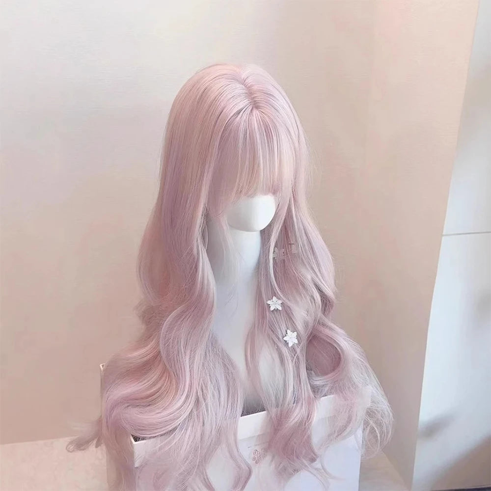 Pink Wavy Synthetic Wig with Bangs Natural Long Curly Hair Cosplay Lolita  Layered Wig for Women Daily Use Wig Heat Resistant