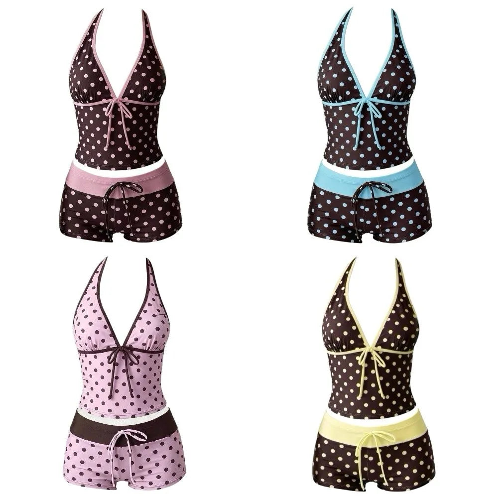 Bathing Suits Polka Dot Halter Bikini Set Low Waist Deep V Summer Beachwear Patchwork Lace-up Women Swimsuits Summer