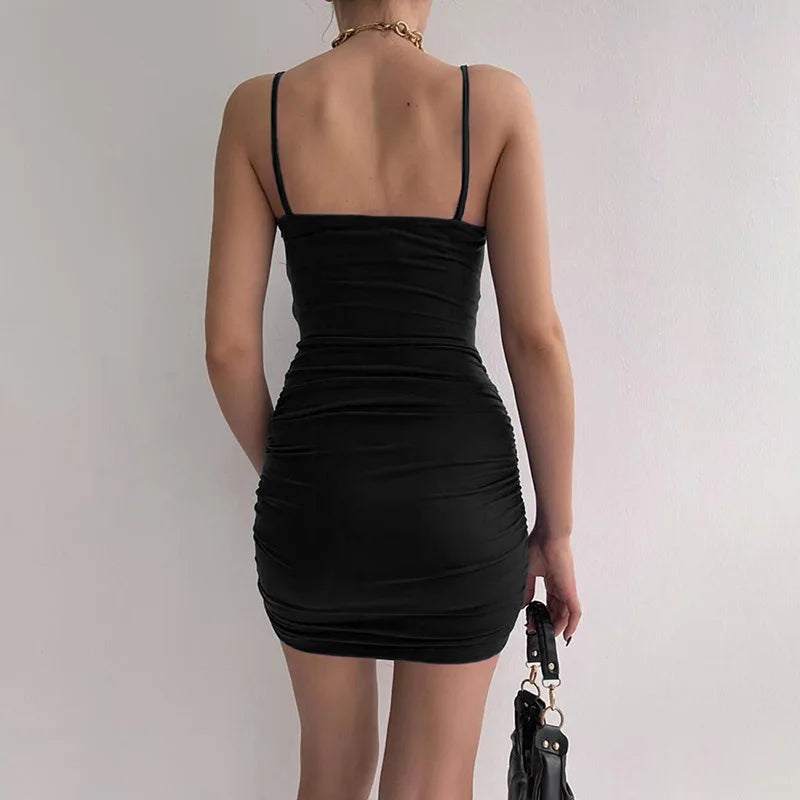 2022 Sexy Spaghetti Strap Bodycon Dress Women Backless Folds Wrap Hip Dresses Female Causal Streetwear Slim Dress Vestidos Robes