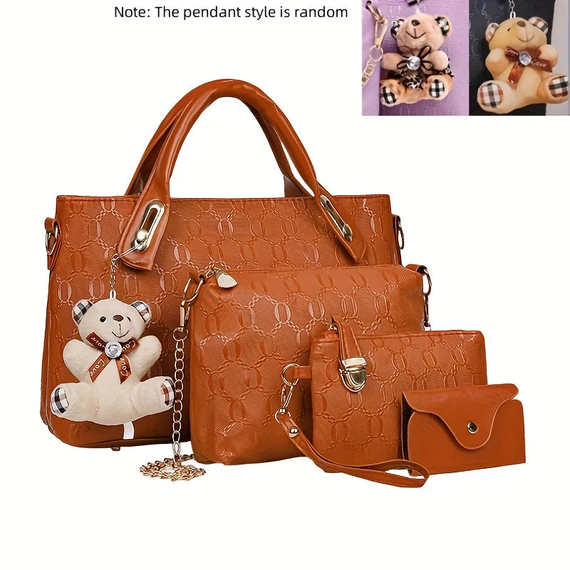 Fashion Embossed 4Pcs Women Handbag Set PU Tote Shoulder Bag Wallet Purse With Bear Pendant Daily Bags